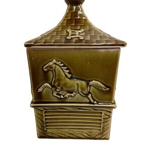 Vintage Ceramic Horse & Carriage Canister Cookie Jar Olive Green Equestrian 9"